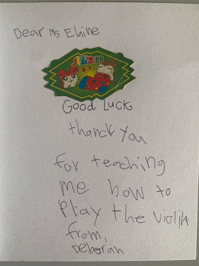 Handwritten card from a student thanking Elaine for teaching them