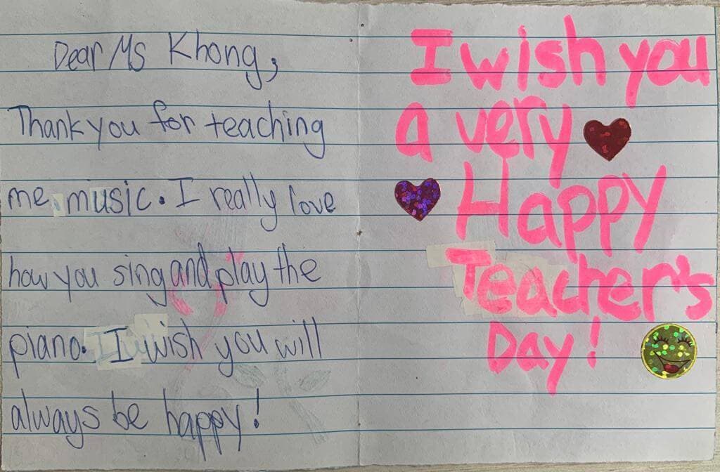 Two handwritten Teacher’s Day cards from violin students