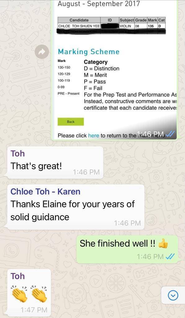 WhatsApp message from a parent thanking Elaine for years of guidance
