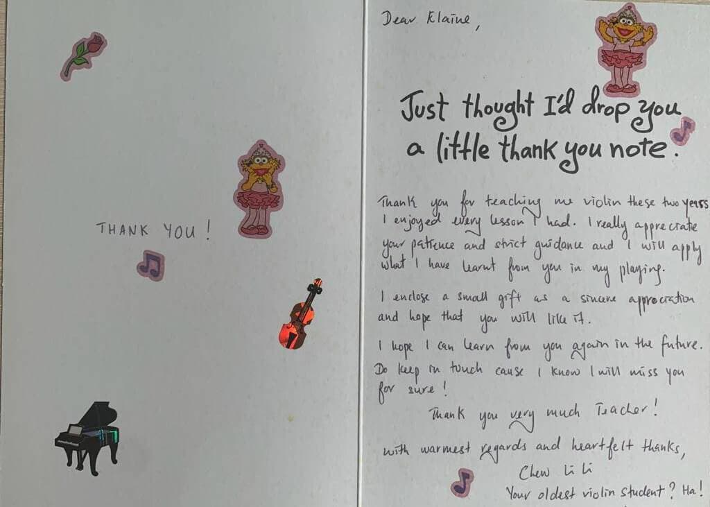 Handwritten thank you note from a student with small drawings