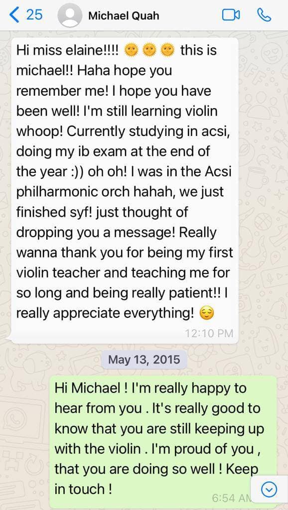 WhatsApp message from a former student now playing in a school philharmonic orchestra