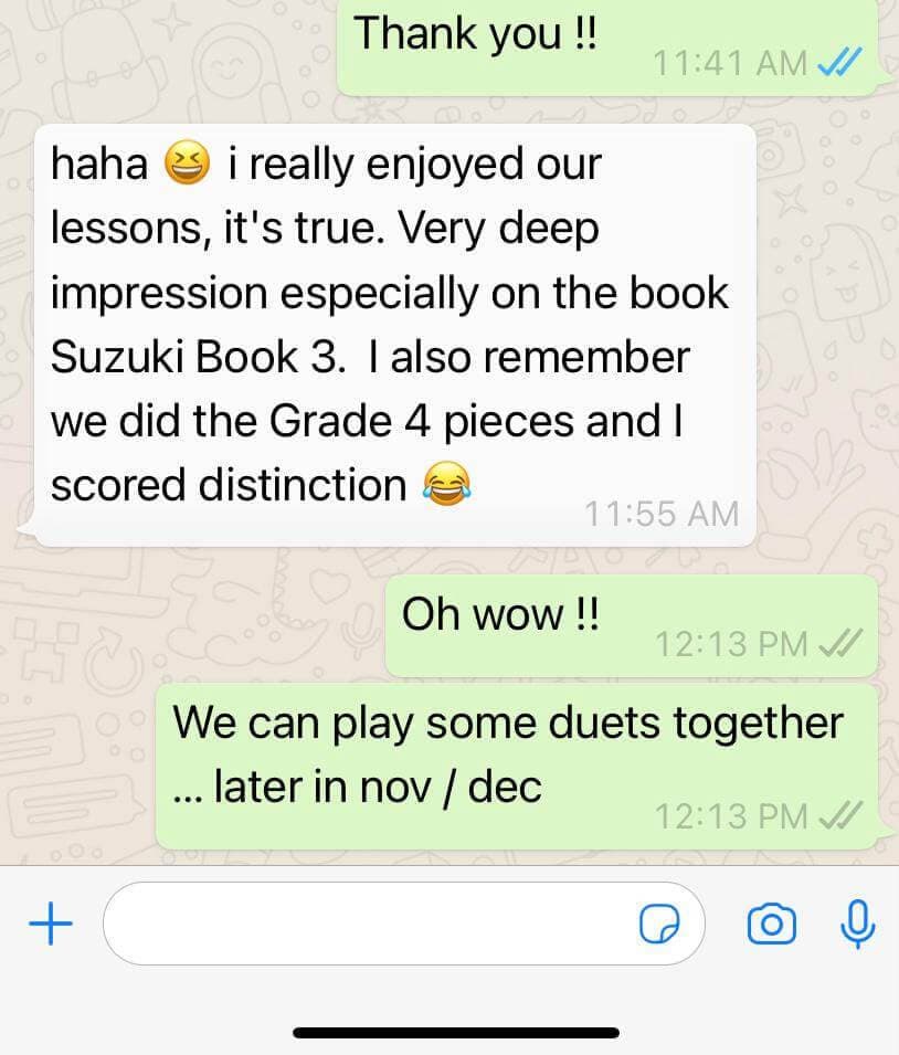 WhatsApp exchange with a former student recalling their Grade 4 distinction