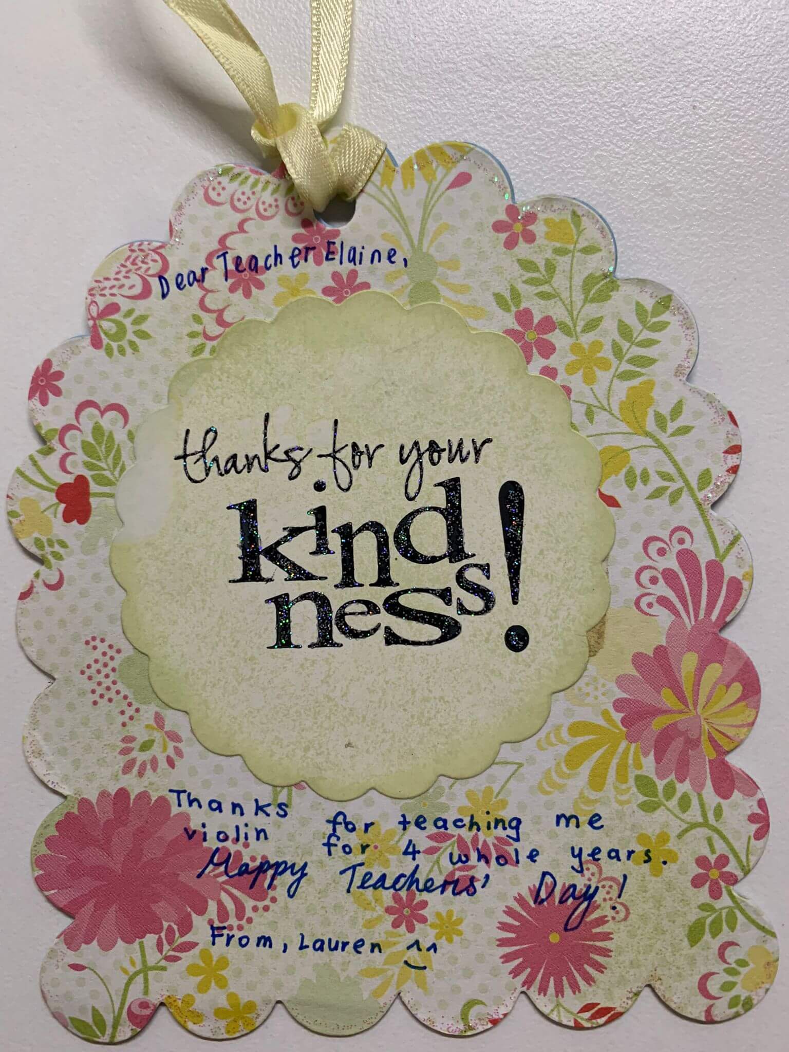 Card from a student thanking Elaine for her kindness